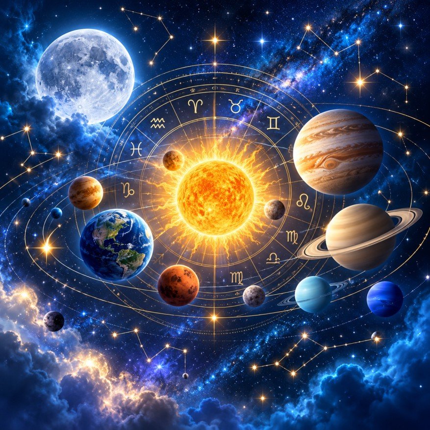 Celestial zodiac solar system mandala