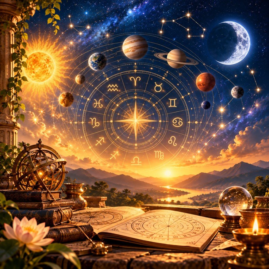 Mystical zodiac wheel at dawn