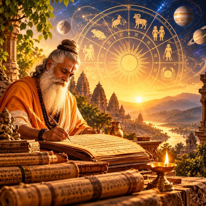 Vedic sage beneath the zodiac wheel